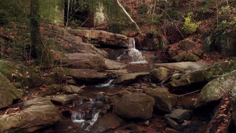 rocky creek falls leading to dark, overgrown tunnel