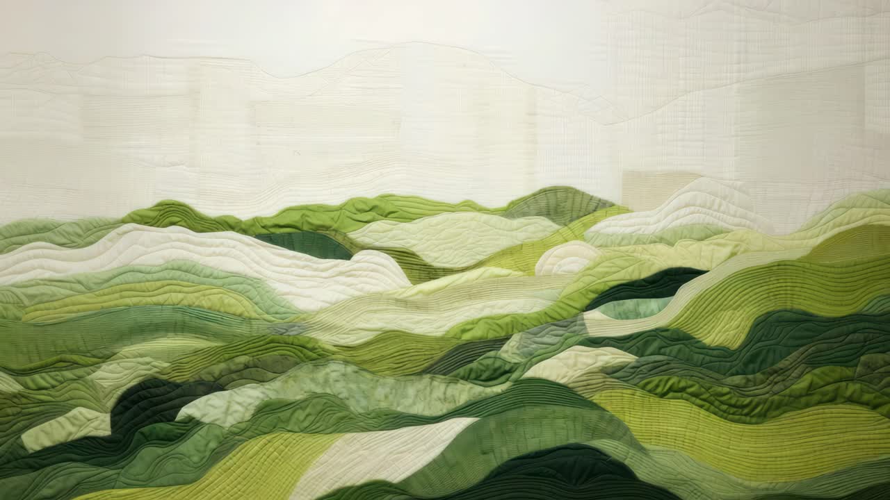 Aerial view of abstract quilted landscape in soft greens and whites, resembling rolling hills