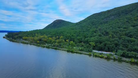 aerial drone video footage of a appalachian mountain river valley