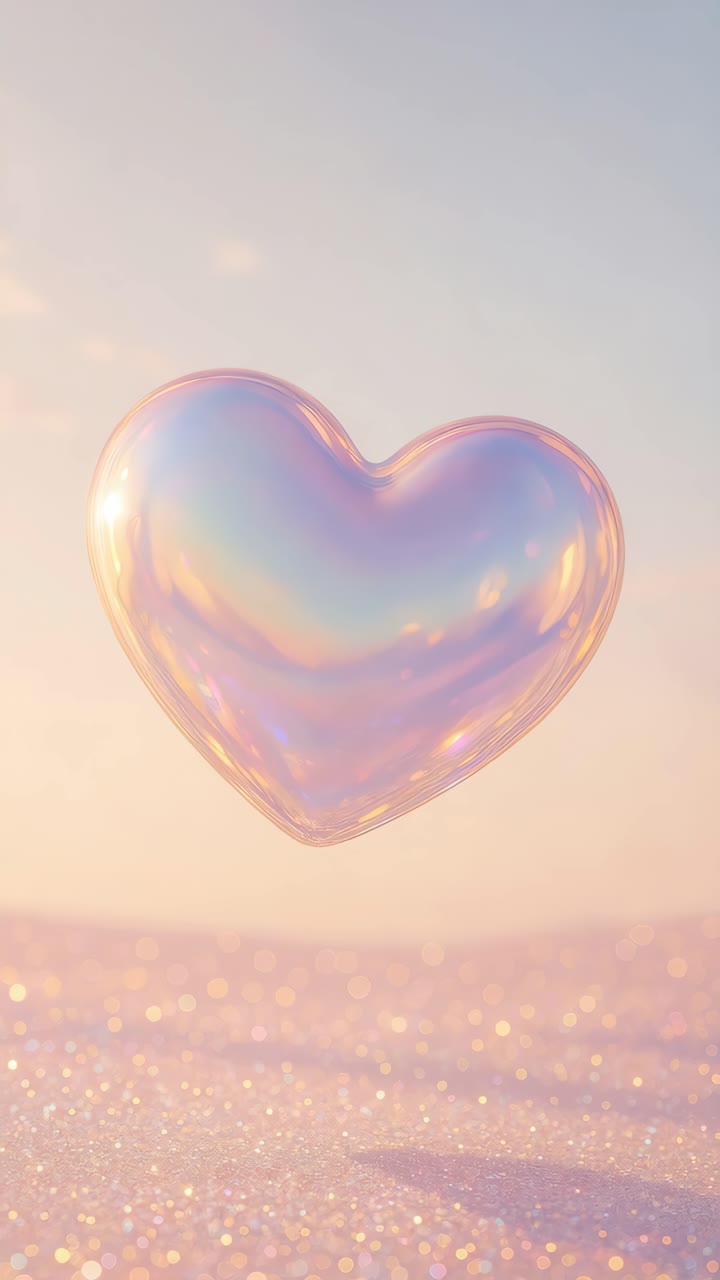 A dreamy, pastel-toned heart balloon floats above glittering sand