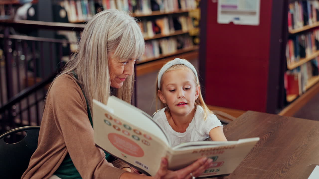 Grandmother and Child Reading in Library