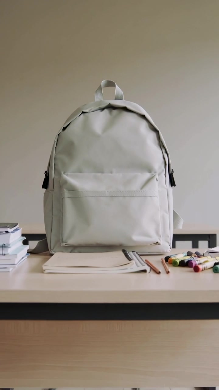 Vertical video: Pulling back camera revealing backpack on wood desk to show notebook, markers