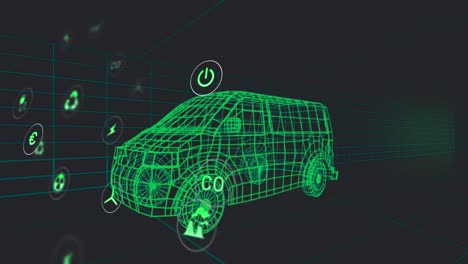 animación de múltiples iconos digitales sobre un modelo de furgoneta 3d que se mueve en un patrón sin costuras en un túnel