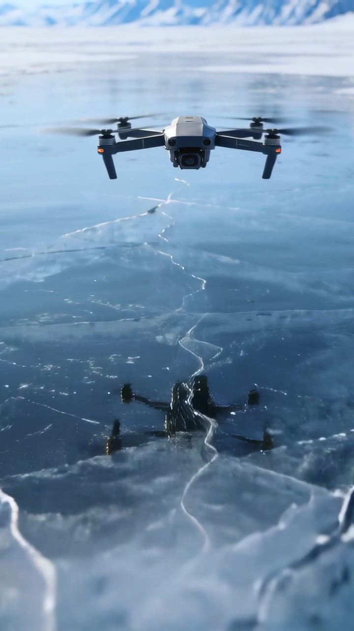 Vertical video: Rotors spinning, drone hovering over frozen lake, filming radial cracks, reflection