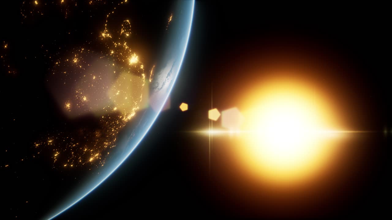 удивительный восход солнца над землей. вид планеты земля из космоса