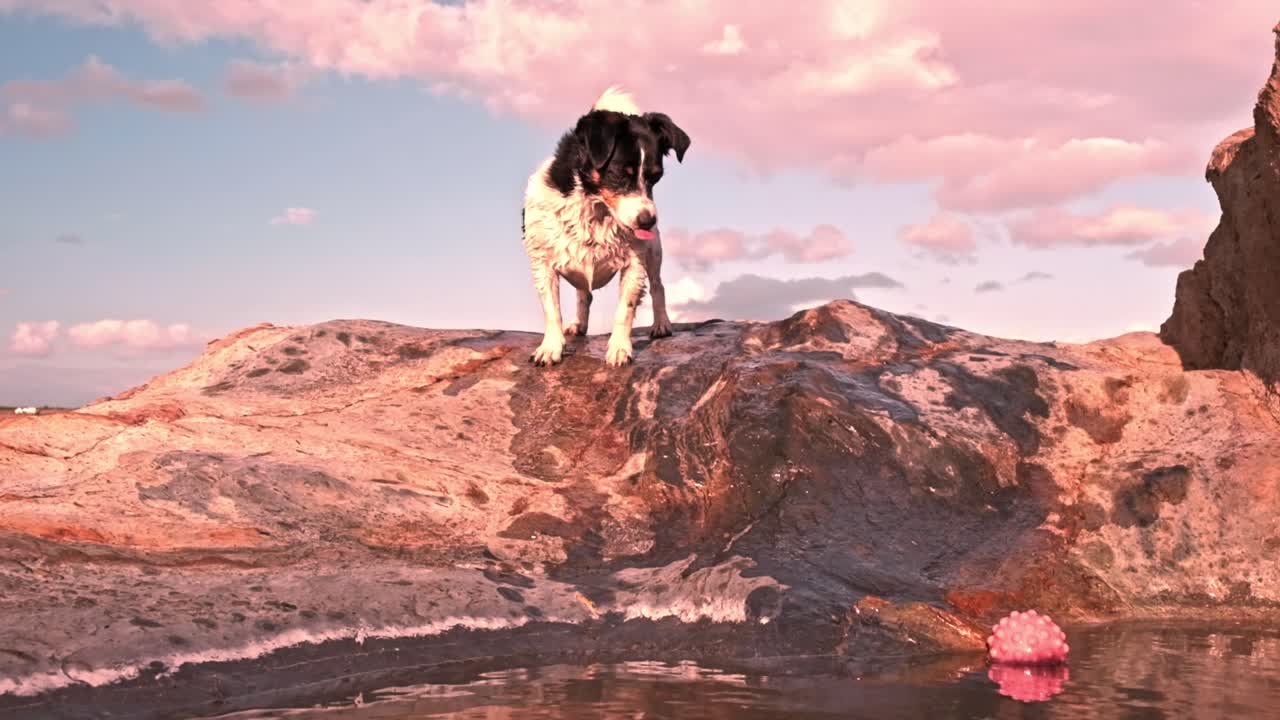 Un perro terrier pequeño y adorable sobre una roca, mirando su pelota rosa en un charco de agua.