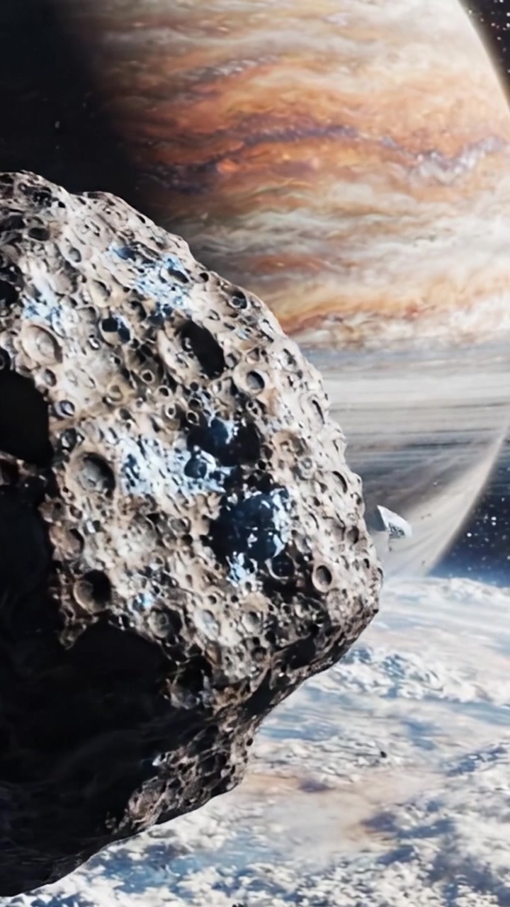 Un Viaggio Mozzafiato nello Spazio: Un Incontro Ravvicinato con un Asteroide sullo Sfondo Maestoso dell'Atmosfera di Giove e della Superficie Illuminata dalla Luna.