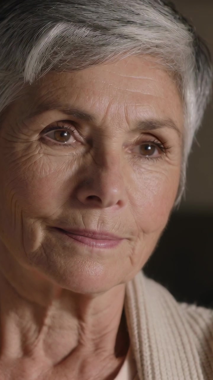 Vertical video: Hearing offframe voice, senior woman turning and smiling in home, in beige cardigan