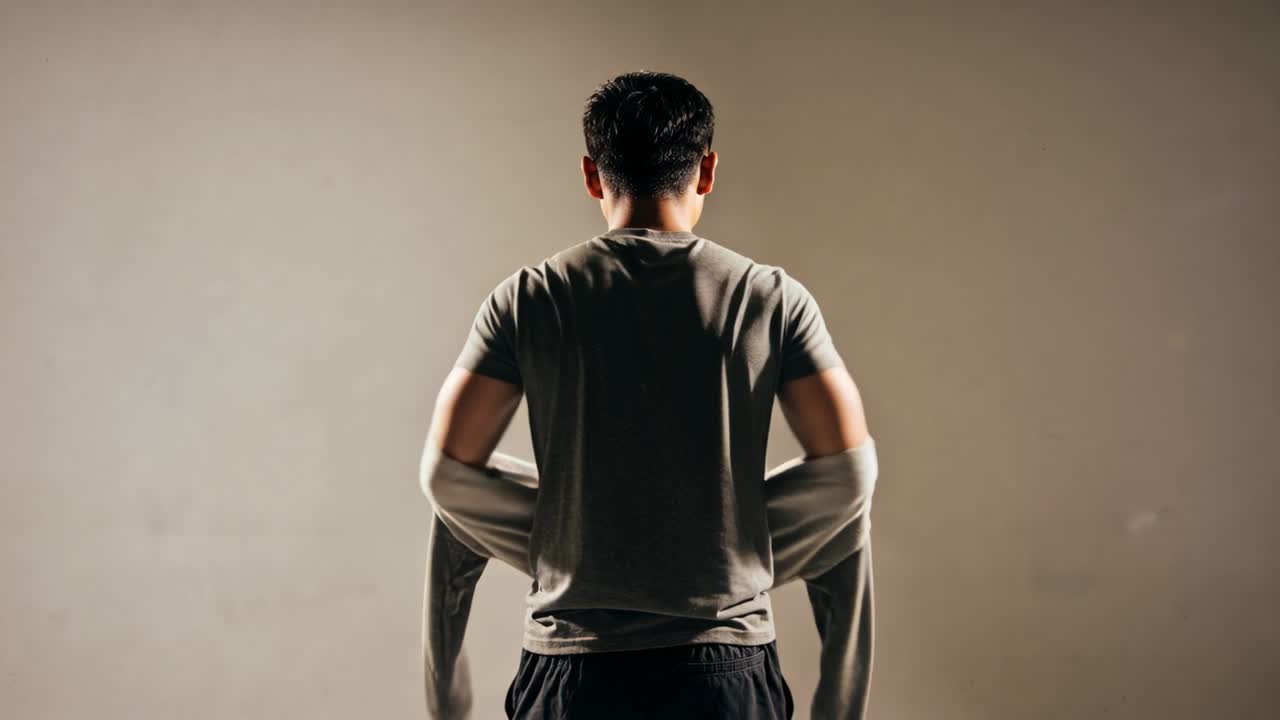 Holding grey hoodie behind, lifting man pulling hoodie over shoulder in studio, revealing t-shirt