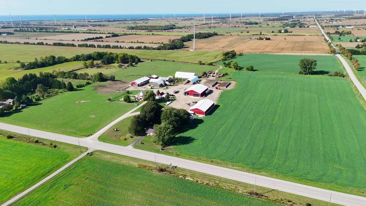 Ripresa cinematografica con drone in orbita attorno a una fattoria tradizionale con fienili rossi e silos bianchi a Zurigo, Contea di Huron. Vasto paesaggio agricolo in Ontario sotto un cielo sereno.