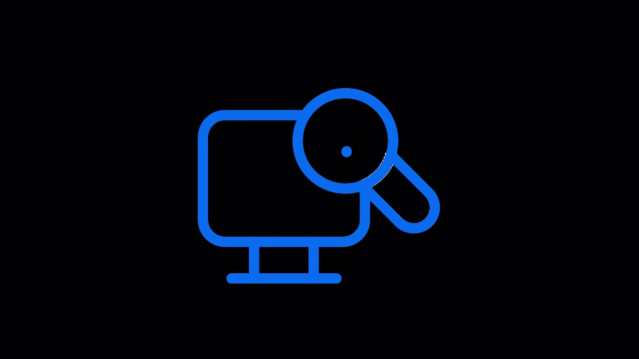 Icône à contour bleu d'écran d'ordinateur avec loupe et point d'exclamation
