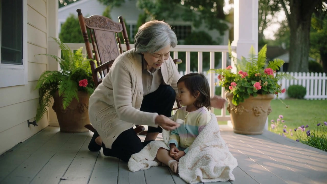 Kneeling grandma offering spoon to feed child on porch, wrapping blanket in cardigan pastel sweater