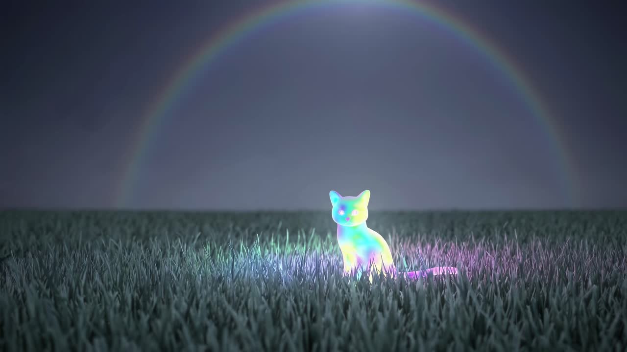 Glowing Rainbow Cat in a Field Under a Rainbow