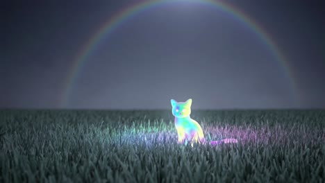 glowing rainbow cat in a field under a rainbow