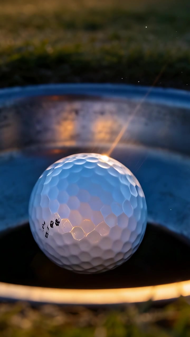 Video verticale: Palla da golf bianca con marcature che rotola nella buca da putting sul green dopo un putt per imbucare.
