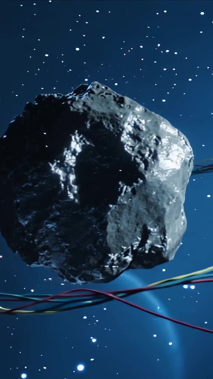 Vertical video: Rotating asteroid in space as camera panning showing rough faces and colored wires