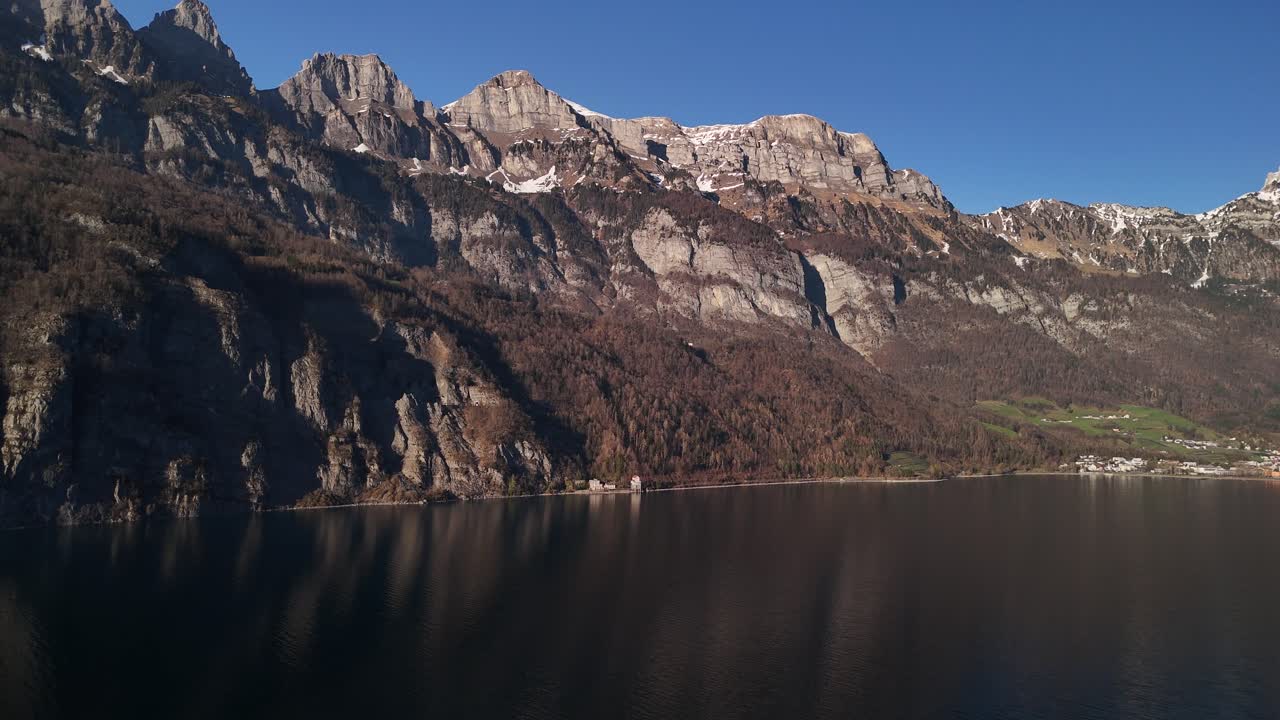 Walensee lake Walenstadt aerial drone Walen one of the larger lakes in Switzerland