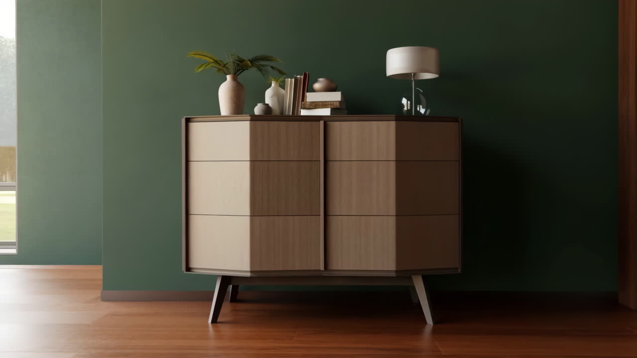 Modern Wooden Dresser with Decor Against a Dark Green Wall
