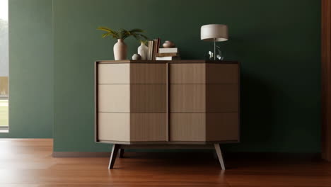 modern wooden dresser with decor against a dark green wall