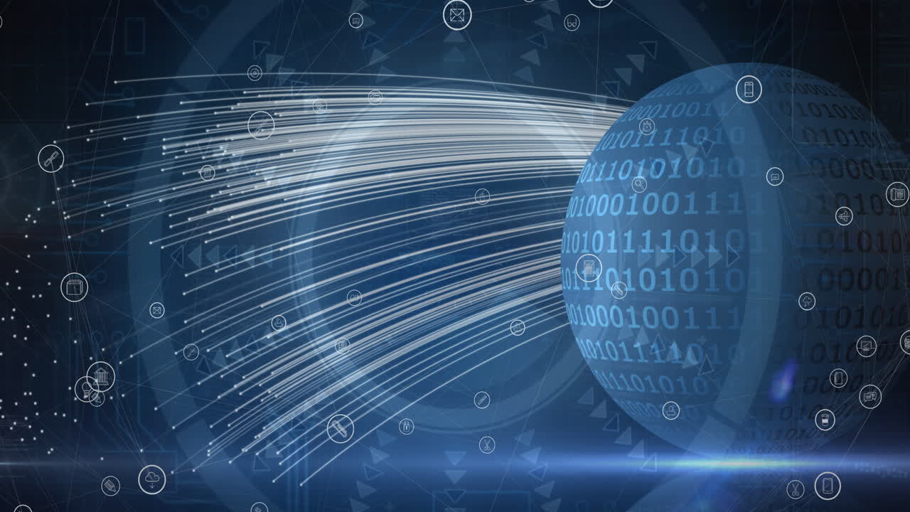 Digital animation of multiple digital icons floating against binary coding on globe