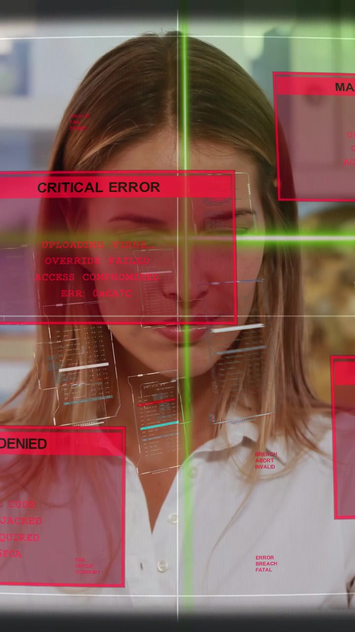Vertical video: Woman staying still as HUD appearing, scanning face, showing security denial alerts