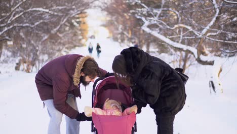 family enjoying a winter walk with baby