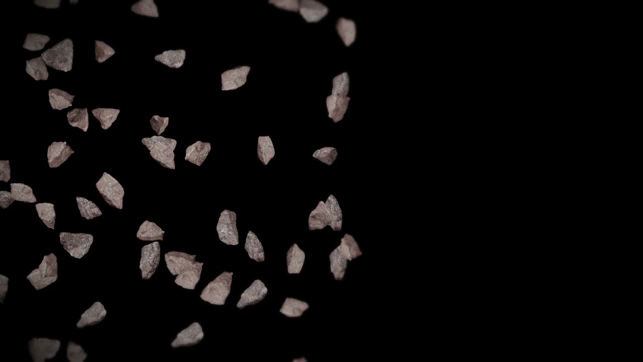 Flying many rock stone on black background. Broken splash explosion. Challenge concept. 3D animation of stone splash rotating. Loop animation.