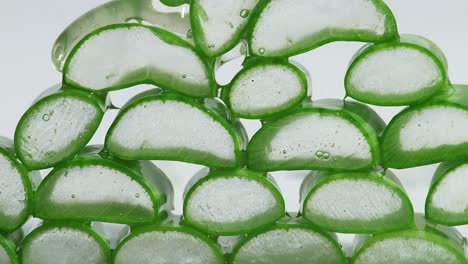 close up of transparent extract gel flows through the aloe vera sliced on white background. natural medical plant for organic cosmetics, alternative medicine