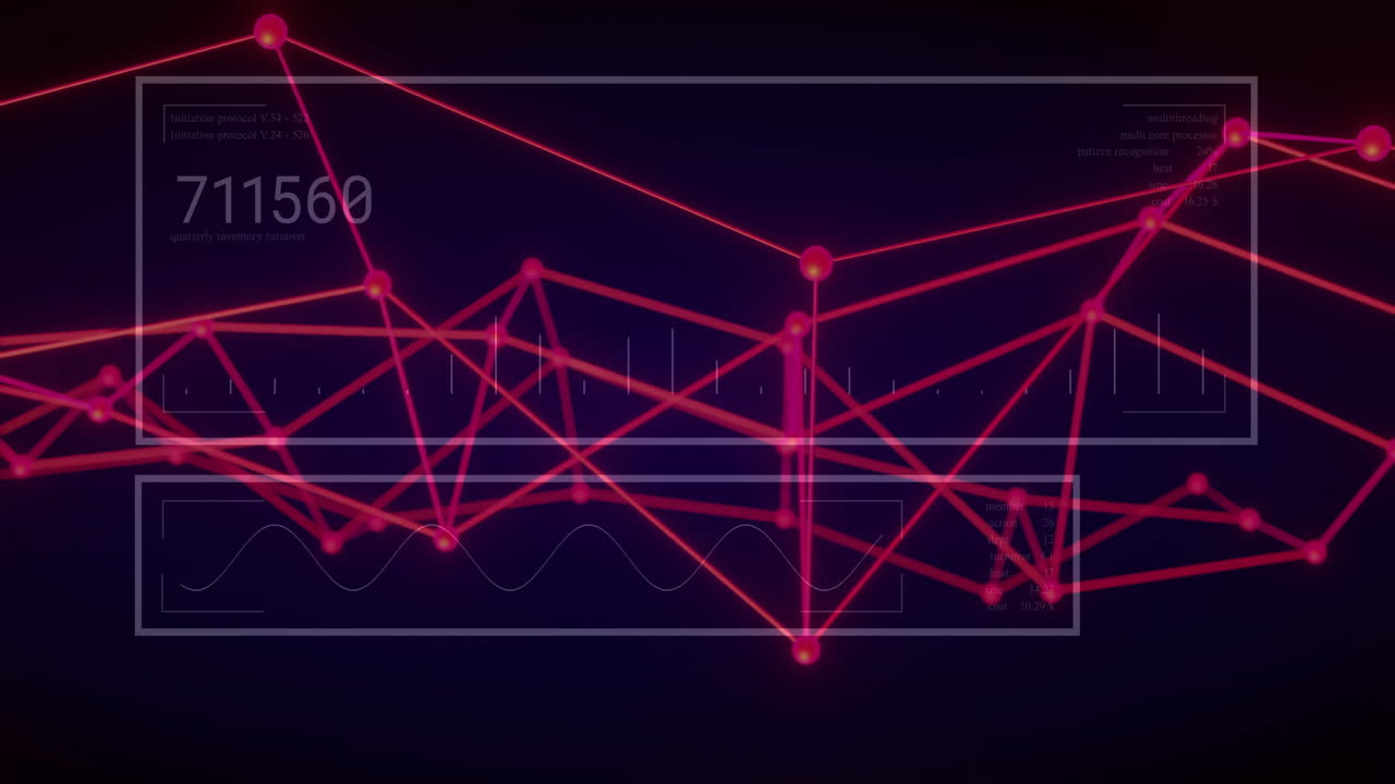 빨간색 네트워크 연결 및 데이터 포인트 애니메이션, 숫자 데이터와 함께 어두운 배경