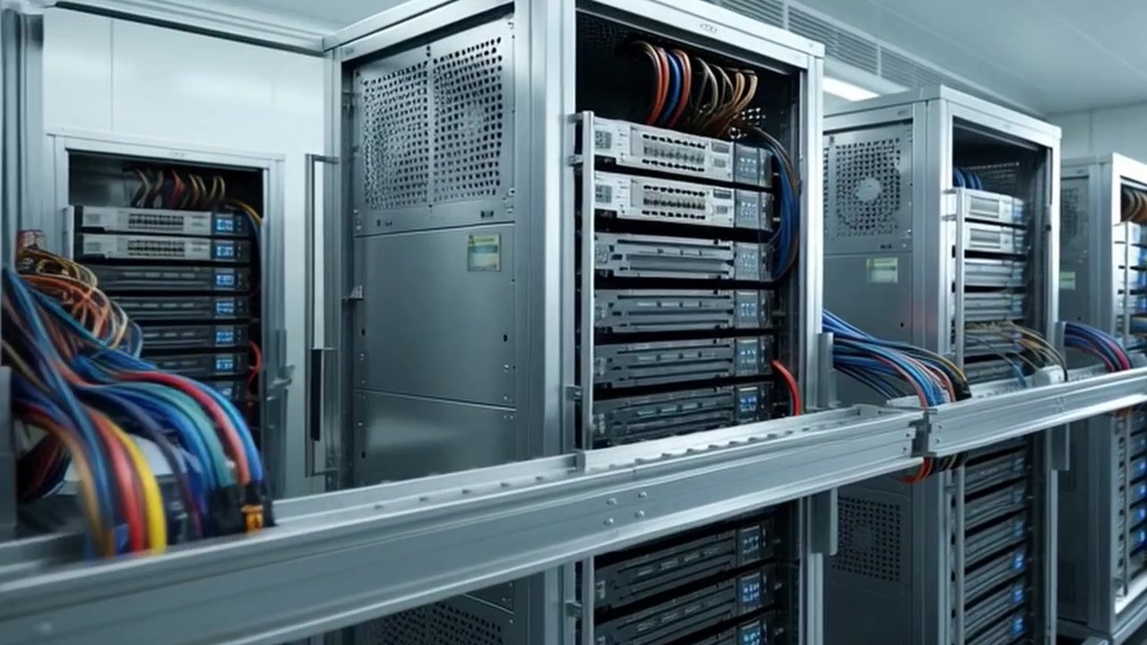 Rækker af serverracks i et moderne datacenter