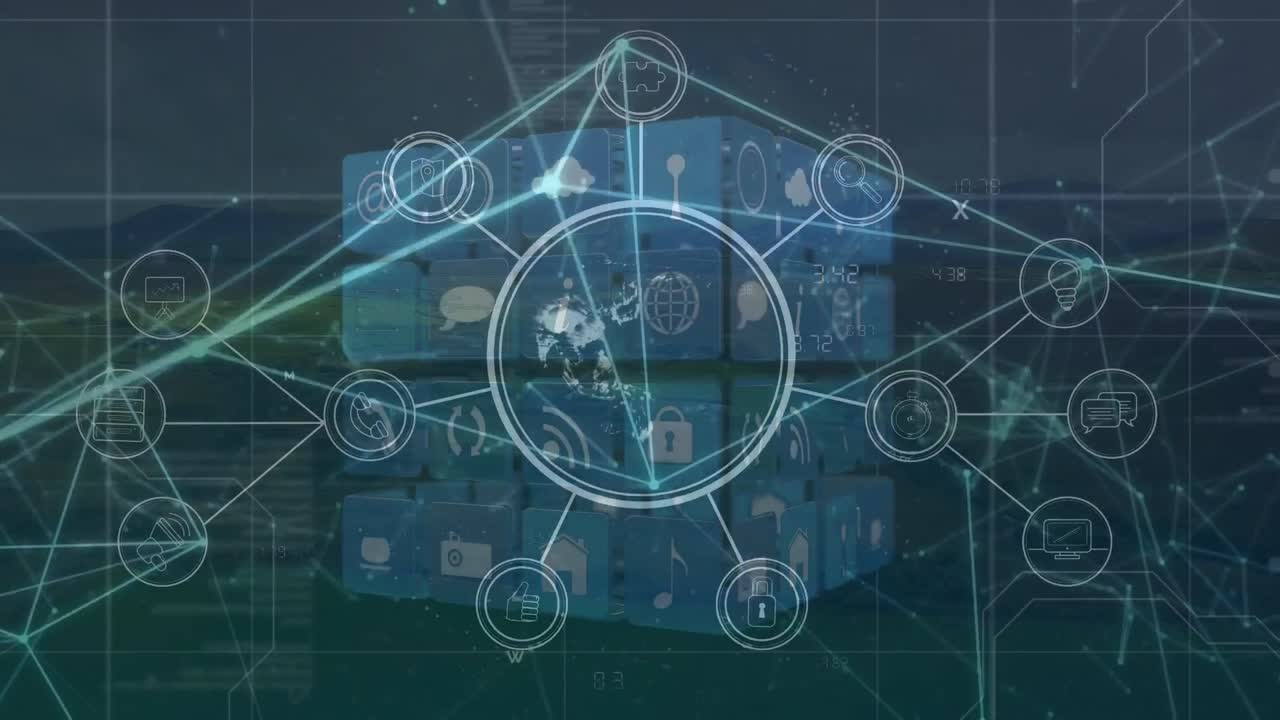 풍경 위의 아이콘으로 연결된 네트워크의 애니메이션