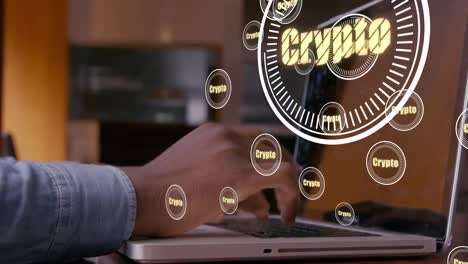 Animation-of-crypto-in-circles-over-hands-of-caucasian-man-using-laptop-with-copy-space