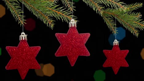 Animation-of-christmas-tree-with-red-stars-and-fairy-lights-flickering-over-black-background