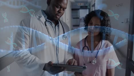 animation of dna and data processing over diverse doctors in hospital