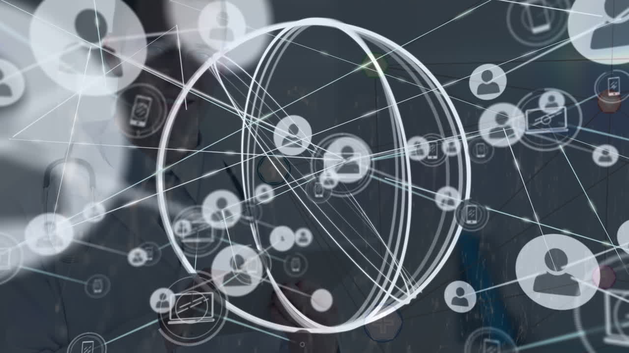 아이콘과 연결 네트워크의 애니메이션 백인 남성 의사가 스테토스코프를 가지고 있습니다.