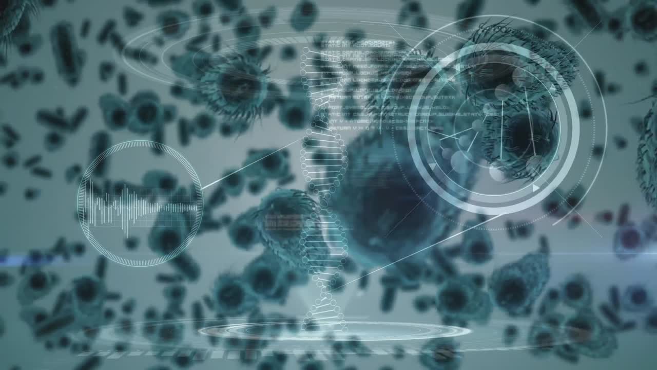 animación de la proliferación bacteriana rodeada de moléculas y adn