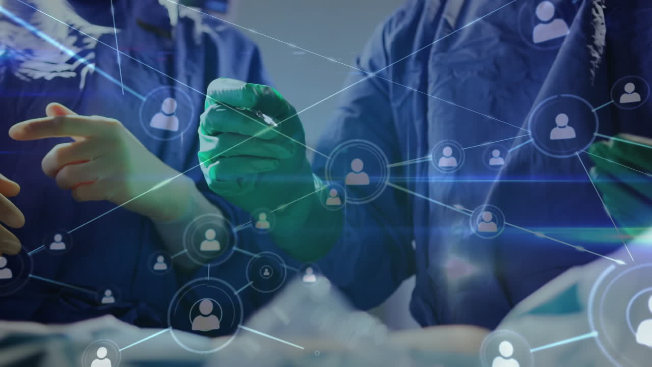 수술실에서 외과 의사들에 대한 연결 네트워크와 아이콘의 애니메이션