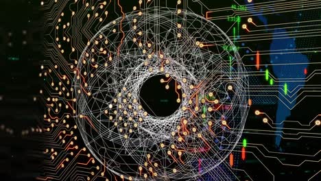 animación de datos financieros y gráficos sobre formas y circuitos integrados sobre fondo negro