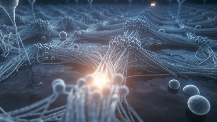 Pulsing bundled tracts starting signal at central glowing node under microscope, showing spheres