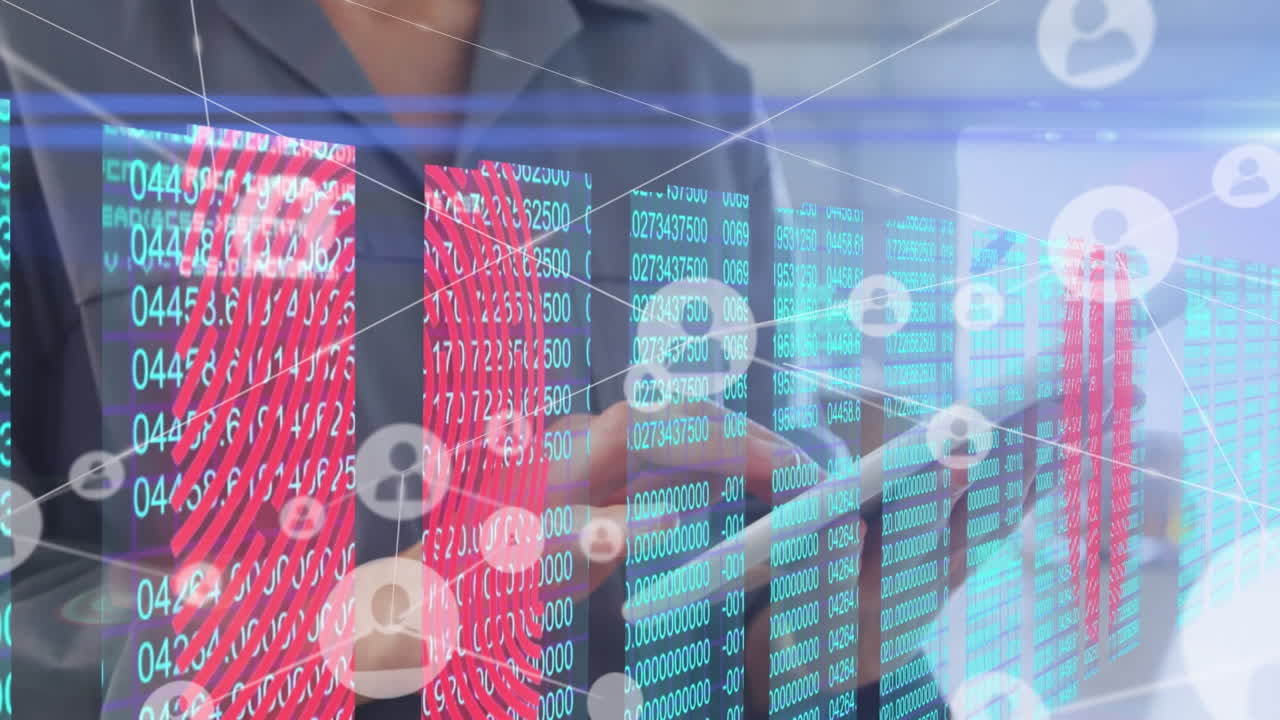 animación de la red de conexiones sobre mujer caucásica usando tableta