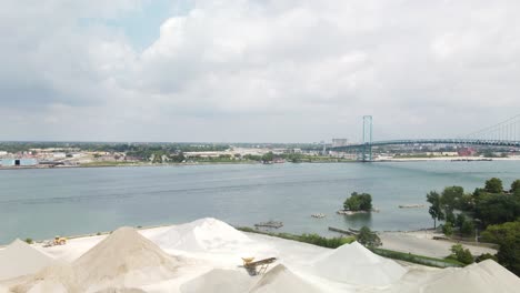 4k drone takeoff near windsor industrial zone with ambassador bridge in background