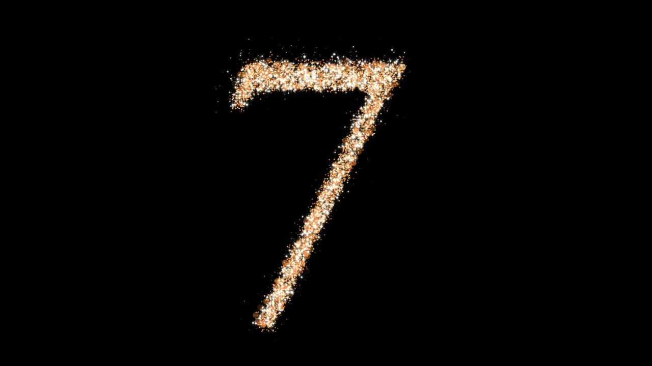 Loop del numero 7 in glitter dorato. Una figura di particelle scintillanti. Animazione 3D