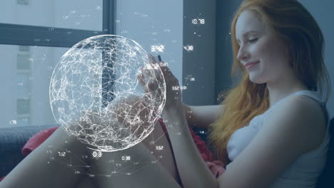 animation of globe with connections over caucasian woman using smartphone