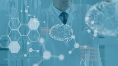 animation of scientific data processing and human brains over caucasian male scientist in laboratory