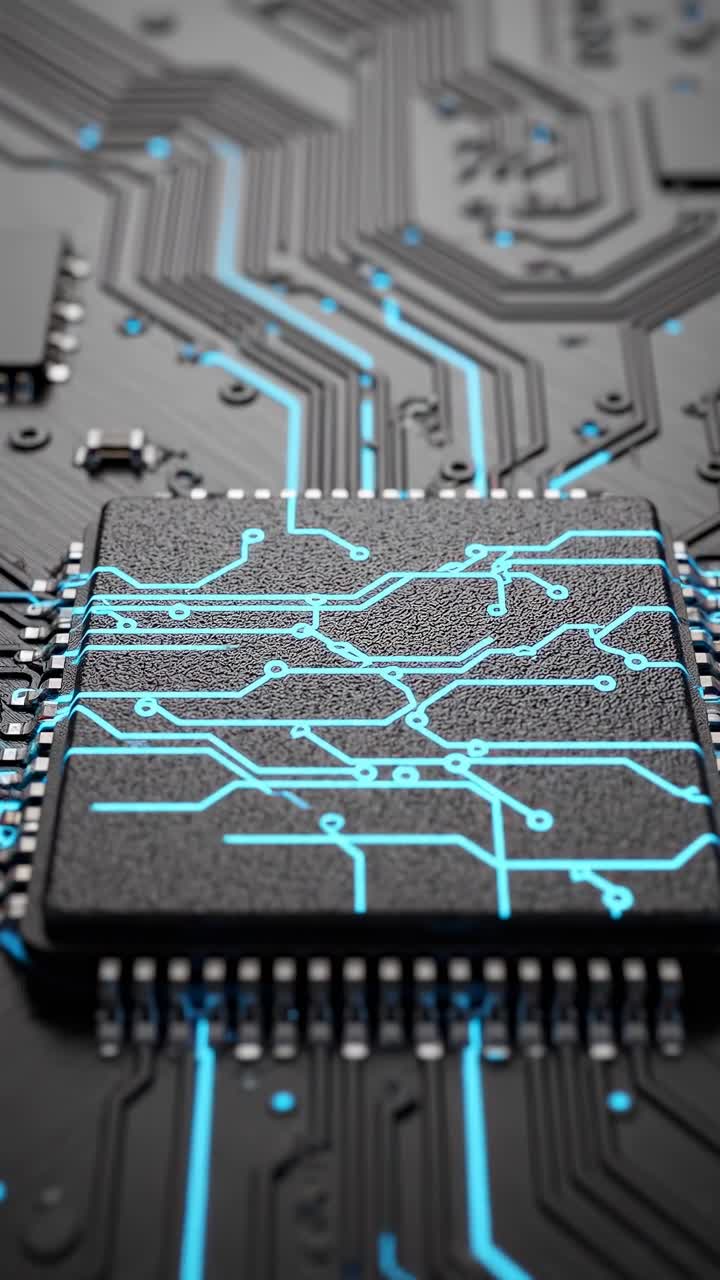 Microchip animato con flusso di dati luminoso su circuito stampato