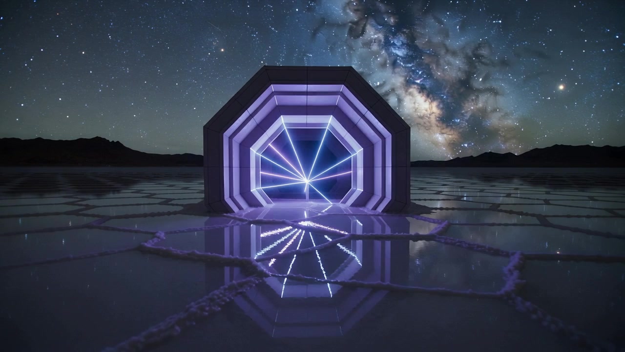 Rotating 8-sided portal lighting, extending rays mirroring water on salt flat at night