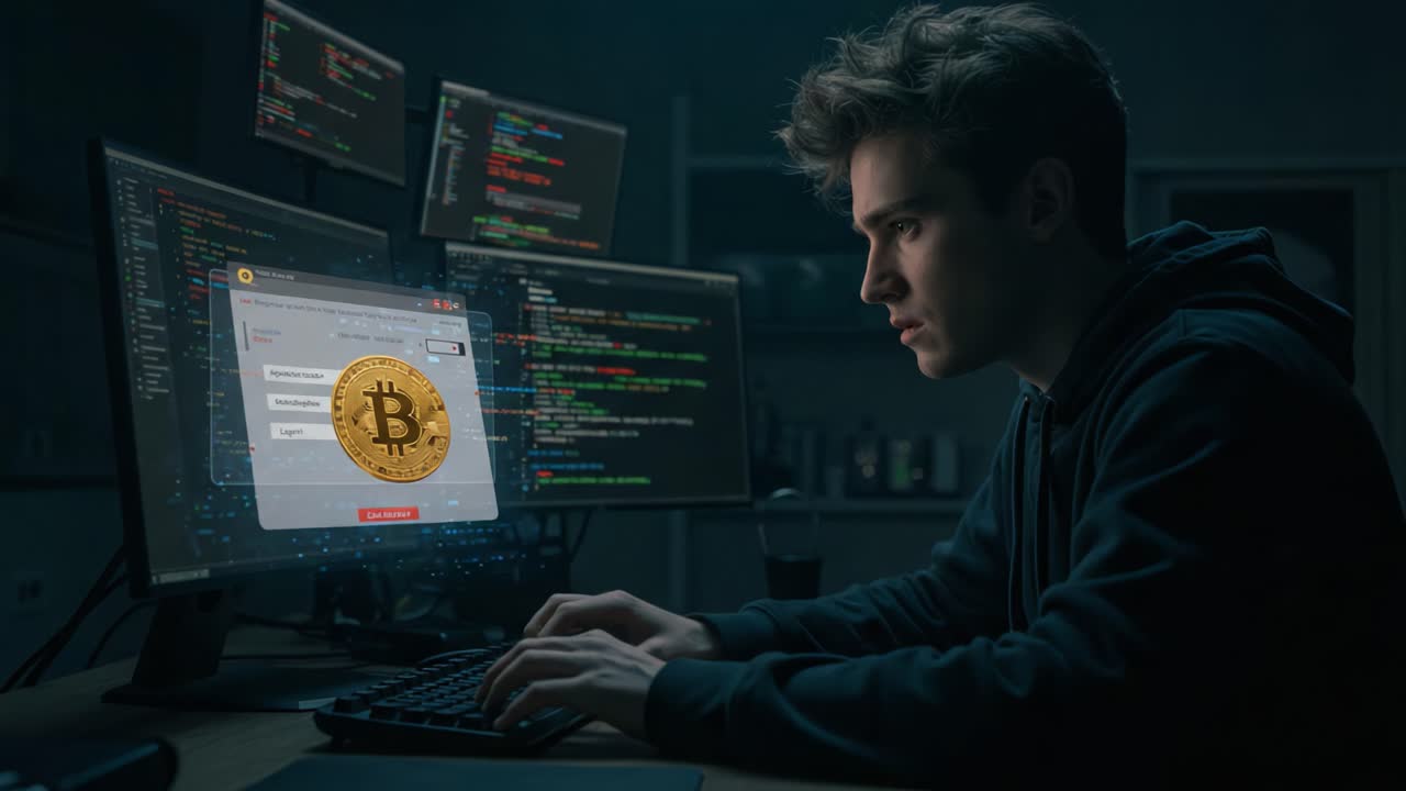 A Focused Individual Engaged in Cryptocurrency Trading on Multiple Monitors, Analyzing Bitcoin Data and Transactions Amidst a High-Tech Coding Environment