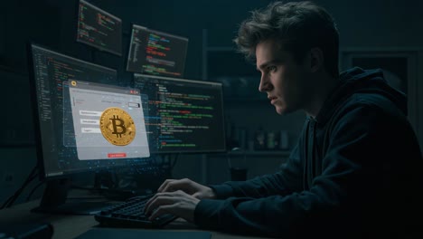 a focused individual engaged in cryptocurrency trading on multiple monitors, analyzing bitcoin data and transactions amidst a high-tech coding environment
