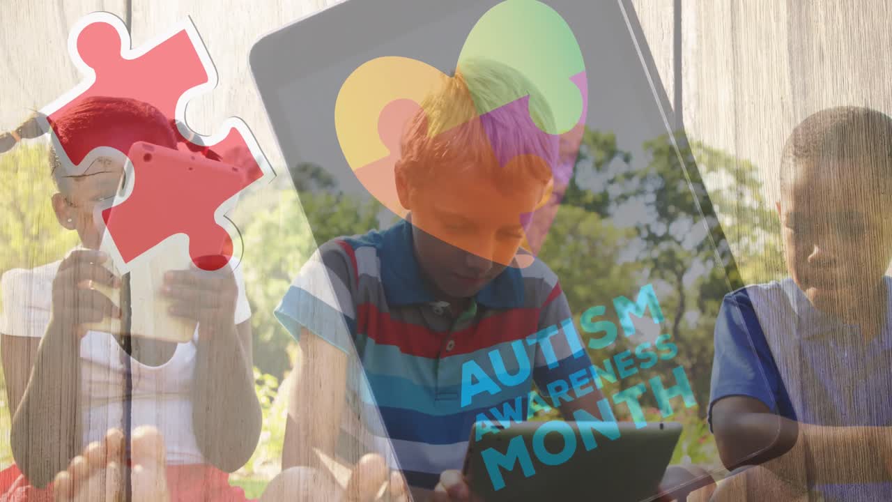 다채로운 퍼즐 조각과 스마트 폰의 애니메이션 아이들의 친구들이 전자 장치를 사용합니다.