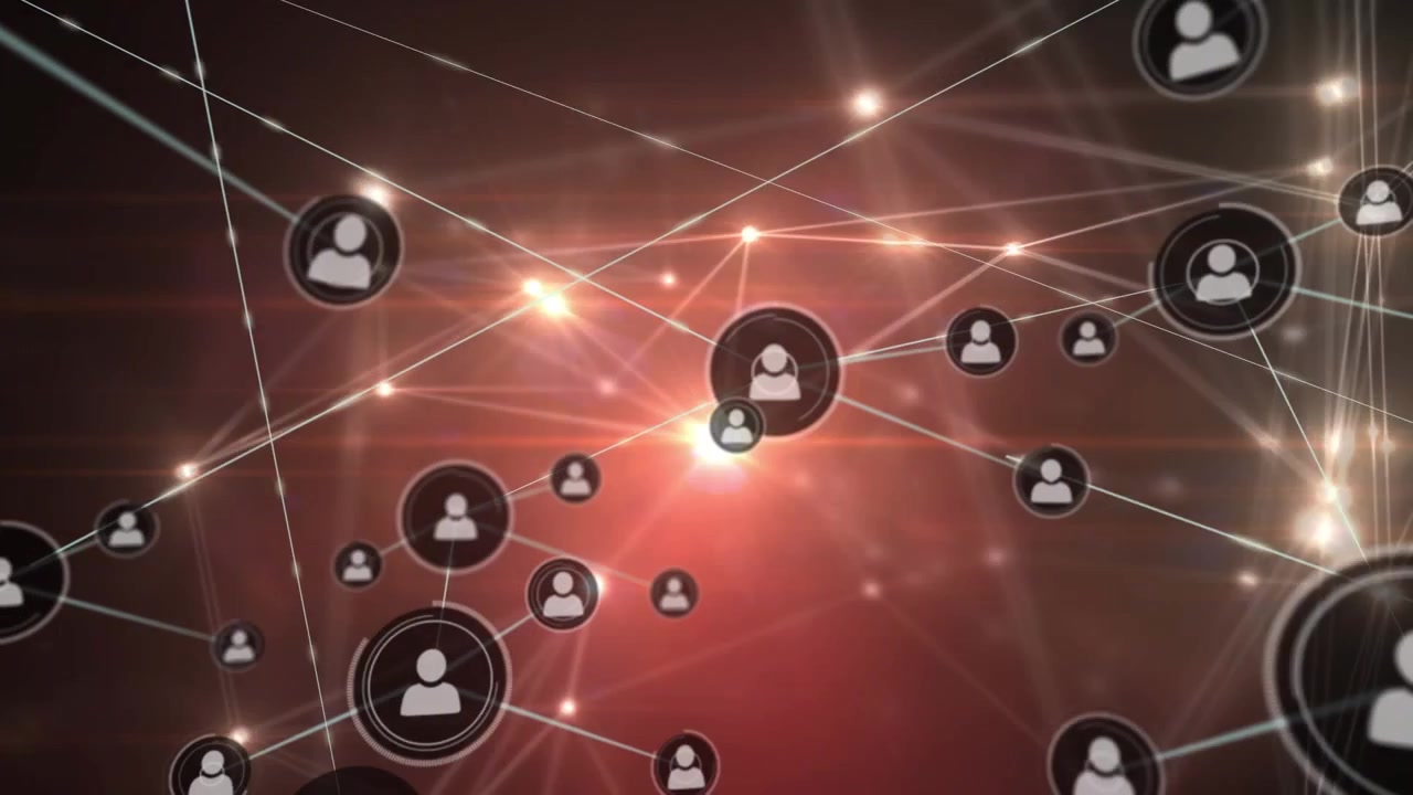 Animation of networks of connections with icons over black background